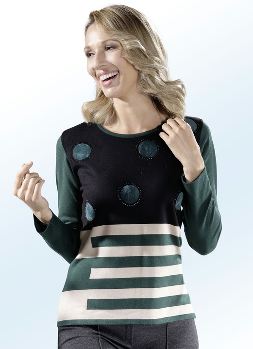 Pullover & Strickmode - Pullover mit Beflockung und Schmucksteinzier, in Größe 036 bis 050, in Farbe GRÜN-SCHWARZ-BEIGE
