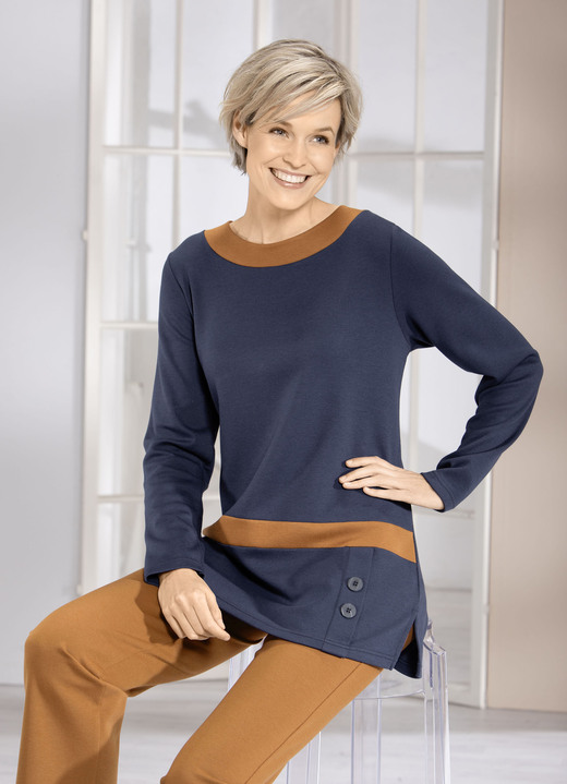 Langarm - Sweatshirt mit Kontrastblende in 2 Farben, in Größe 040 bis 056, in Farbe MARINE-CAMEL Ansicht 1