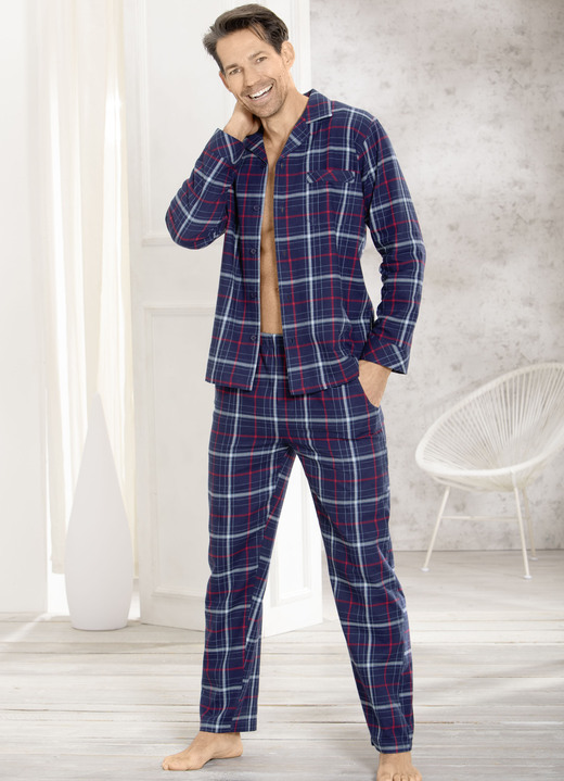 Schlafanzüge - Comte Schlafanzug, durchgeknöpft, aus weichem Webflanell, in Größe 046 bis 060, in Farbe MARINE-ROT-GRAU