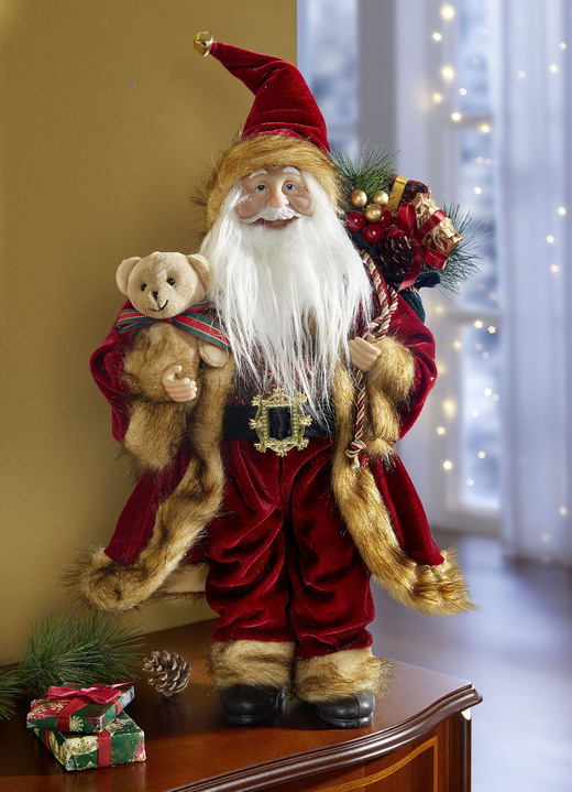 Weihnachtliche Dekorationen - Weihnachtsmann mit Geschenkesack und Teddy, in Farbe ROT-BRAUN