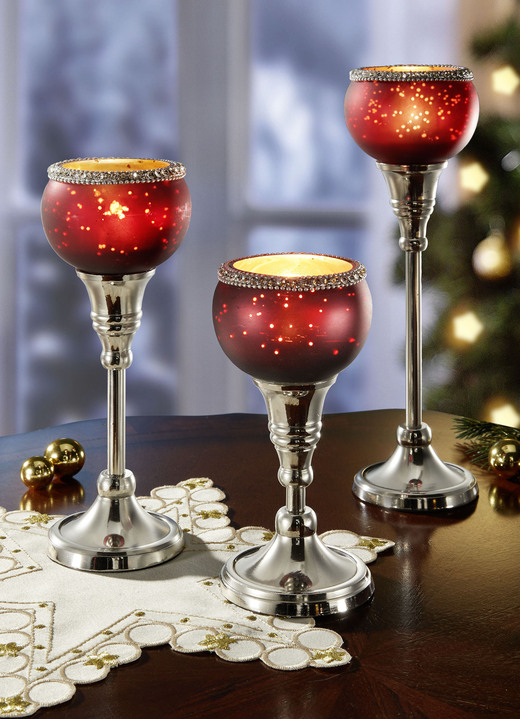 Weihnachtliche Dekorationen - Teelichthalter aus Aluminium und Glas, 3er-Set, in Farbe ROT-SILBER