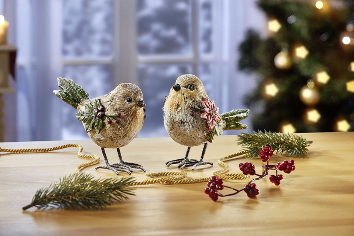 Weihnachtliche Dekorationen - Vögelchen, 2er-Set, aus Polyresin, in Farbe WEISS-GELB-GRÜN