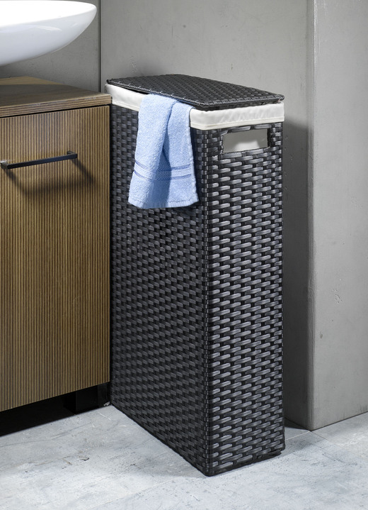 Badezimmermöbel - Wäschekorb mit Polyrattan-Geflecht, in Farbe SCHWARZ Ansicht 1